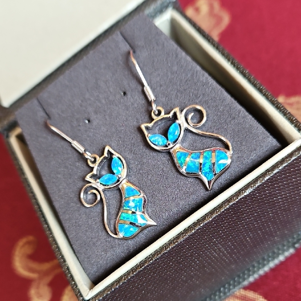 Sterling Silver Blue Inlay Opal Cat Earrings